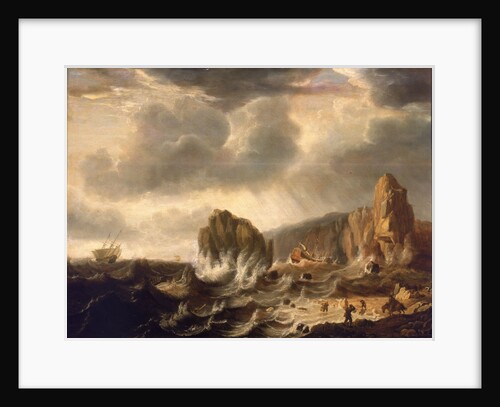 A ship wrecked off a rocky coast by Simon de Vlieger