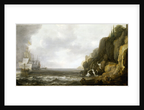 Dutch ships revictualling off a rocky coast by Simon de Vlieger