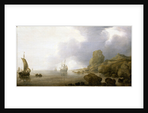 Ships becalmed on a rocky coast by Simon de Vlieger