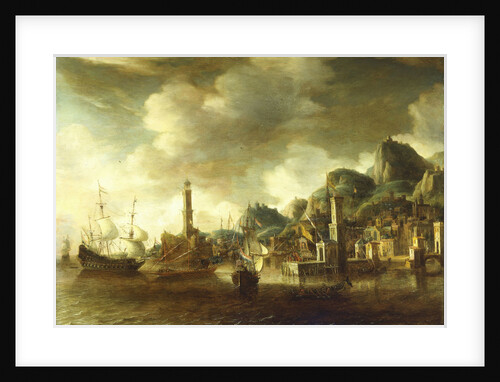 A Dutch flagship and a Fluyt running into a Mediterranean harbour by Johannes Beerstraaten