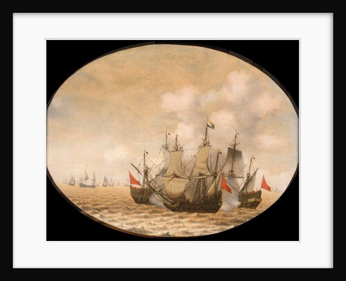 A Dutch ship engaged with two Spanish ships by Pieter Cornelisz van Soest