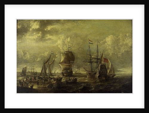 Dutch men-of-war and fishing boats in harbour by C.W. Monogrammist