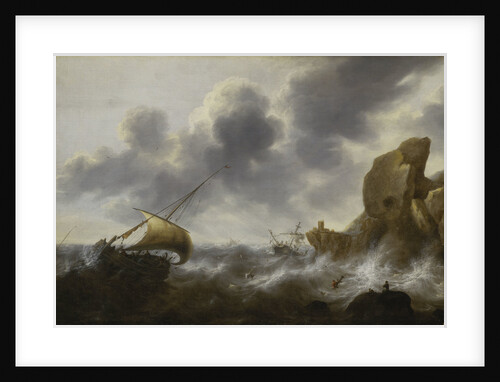 A fishing boat off a rocky coast in a storm with a wreck by Jacob Adriaensz Bellevois