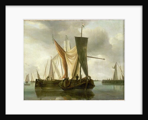 Dutch fishing boats becalmed near a jetty by Hendrik-Jacobsz Dubbels