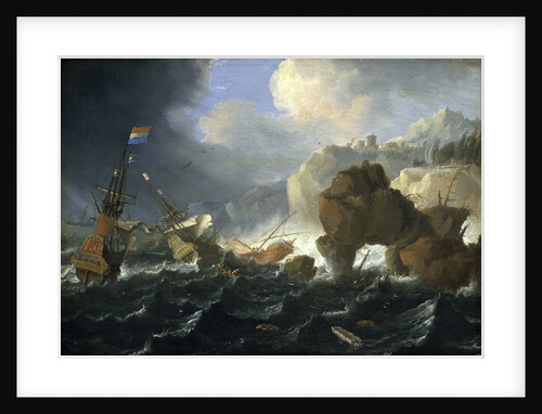 Ships and a galley wrecked on a rocky coast by Jan Peeters