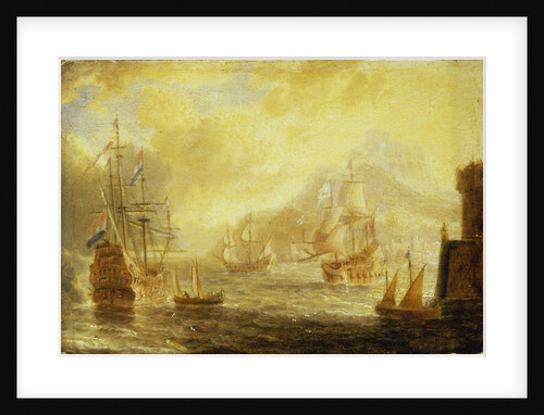 Ships at anchor off a mediterranean harbour by Pieter van den Velde