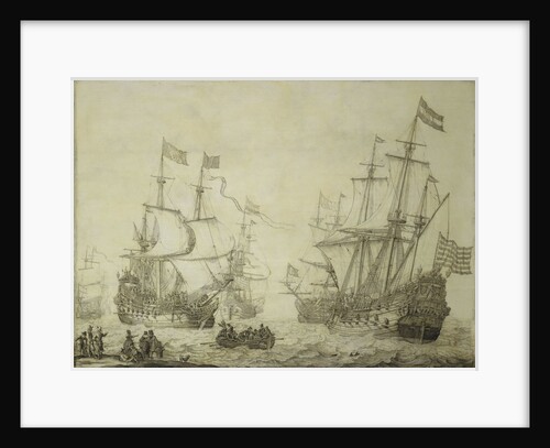 Two Dutch merchant ships under sail near the shore in a moderate breeze by Willem van de Velde the Elder