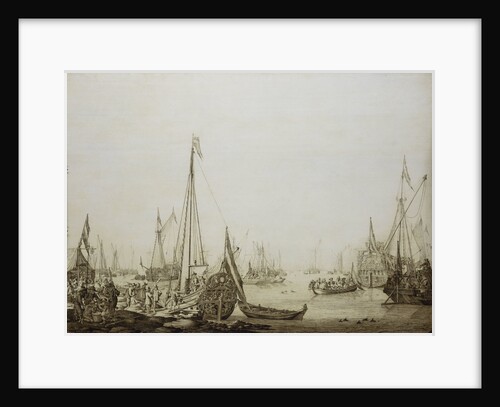 Calm: a Dutch bezan yacht and other vessels in a crowded harbour by Willem van de Velde the Elder