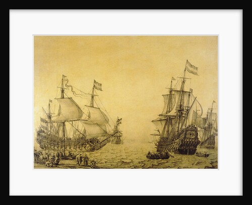 The Dutch ship 'Oosterwijk' under sail near the shore, in two positions by Willem van de Velde the Elder