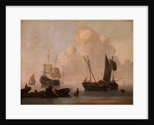 Dutch shipping with a raft near the shore by Willem Van de Velde the Younger