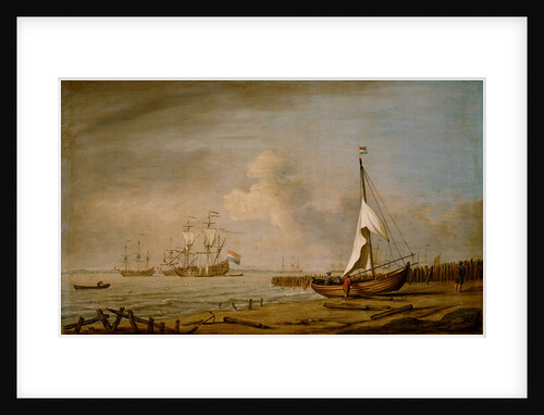 A fishing pink hauled up on the beach in a fresh breeze on the Dutch coast by Willem Van de Velde the Younger