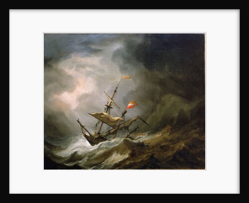 A mediterranean brigantine drifting onto a rocky coast in a storm by Willem Van de Velde the Younger