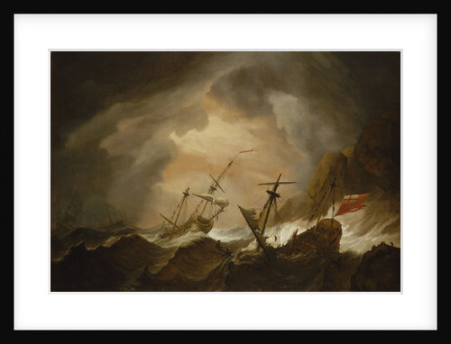 Two English ships wrecked in a storm on a rocky coast by Willem Van de Velde the Younger