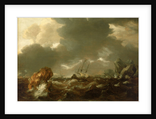 A Dutch merchant ship running between rocks in rough weather by Willem Van de Velde the Younger