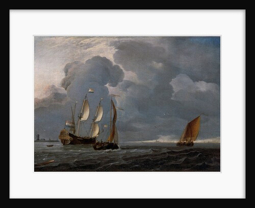 Two Dutch vessels and a flagship under sail in a harbour by Unknown