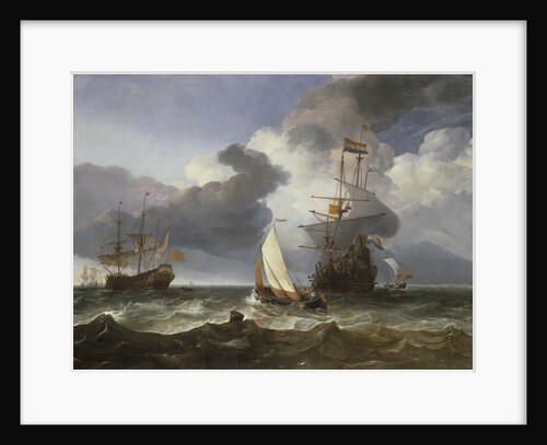 A smalschip with two Dutch East Indiamen coming to anchor by Hendrik-Jacobsz Dubbels
