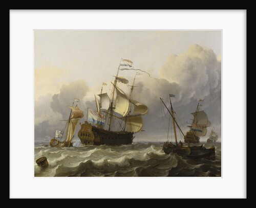 A Dutch flagship with a yacht under her stern by Ludolf Bakhuizen