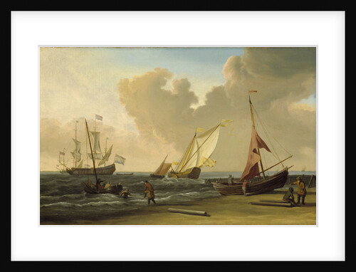 A fishing pink hauled up on the beach in a fresh breeze on the Dutch coast by Willem Van de Velde the Younger