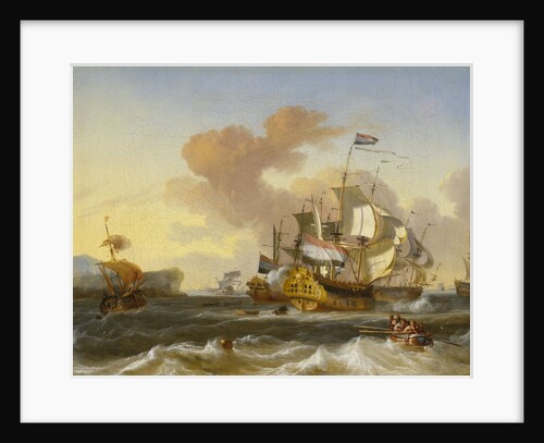 A Dutch flagship and other vessels off a rocky coast by Hendrik Rietschoof