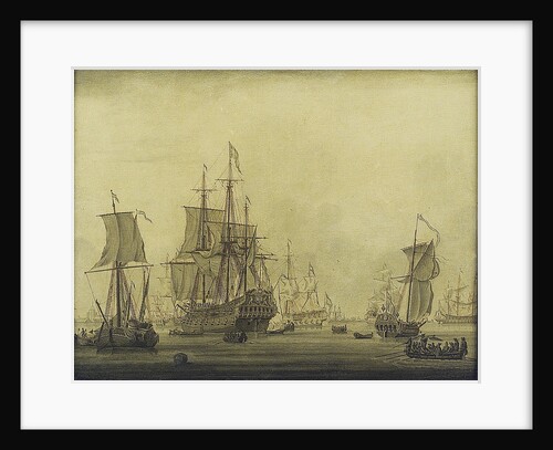 Calm: Dutch ships at anchor in a crowded harbour by Cornelis Bouwmeester
