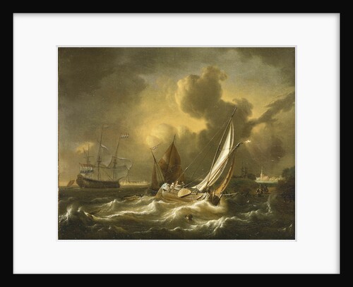 A fishing boat and other vessels in a squall by Hendrik Rietschoof