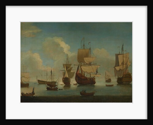 English warships at anchor in a calm, drying sails by Unknown