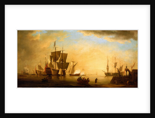 An English flagship and other vessels becalmed at sun down by Peter Monamy