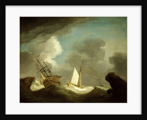 An Indiaman and a royal yacht in a storm off a rocky coast with a castle by Peter Monamy