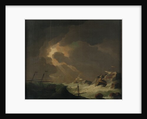 A galley with other vessels wrecked on a rocky coast by Charles Brooking