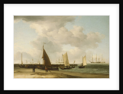 A beach scene with man-of-war in the distance by Charles Brooking