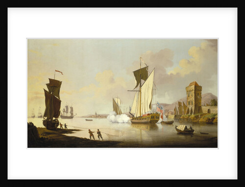 Fishing scene, with a yacht beached near the shore by Francis Swaine