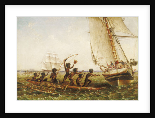 Aboriginal canoes communicating with Monarch and the Tom Tough, 28 August 1855 by John Thomas Baines