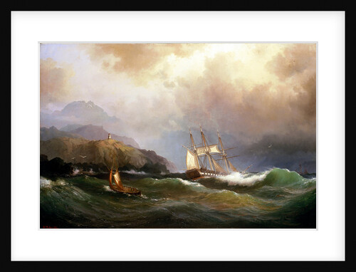 A frigate clawing off a rocky coast by Vilhelm Melbye