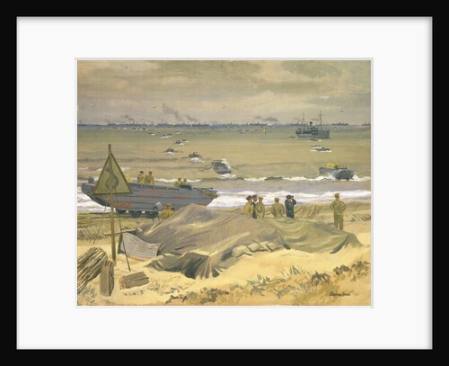 View of Courseulles with DUKWs landing stores by Stephen Bone