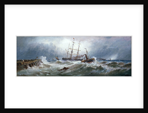 A French paddle tug bringing a barque into Boulogne harbour in heavy weather by Thomas Bush Hardy