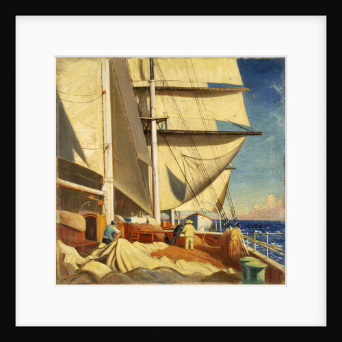 Mending sails on the deck of the 'Birkdale' by John Everett