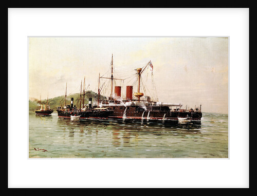 HMS 'Howe' being towed into Emsenanda de la Malata by HMS 'Seahorse' with salvage steamers alongside by A. Sanz