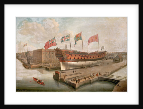 HMS 'Buckingham' on the stocks at Deptford by John Cleveley