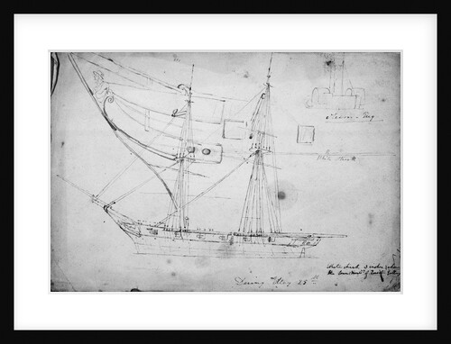 Sketch of sailing vessel 'Daring' and detail of her figurehead by Thomas Robert Strickland
