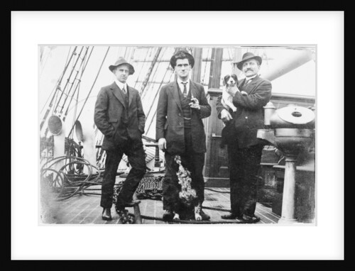 Second Officer, Captain H.J. Bray (with dog Ollie) and Chief Officer standing on deck, at Tacoma, USA by unknown