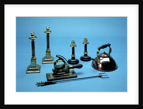 Copper kettle, brass candlesticks, tobacco cutter, toasting fork by Albert Edward Jew