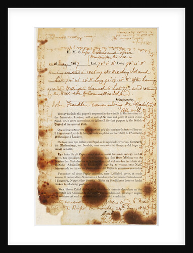 Message found by the McClintock Expedition near Point Victory, North-West Coast of King William Island, detailing the fate of the Franklin Expedition by unknown
