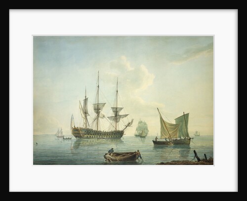 A third-rate, a frigate, a fishing lugger and other craft off shore in a calm by Nicholas Pocock