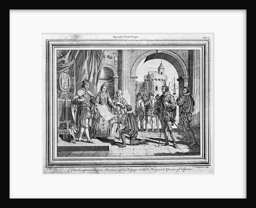 Columbus presenting an account of his voyage to the King and Queen of Spain. Engraved for Drake's Voyages. by Samuel Wale