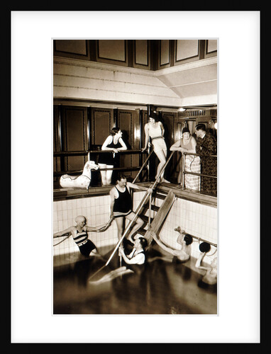 Passengers on aboard an unidentified cruise liner relax around the swimming pool in the very latest fashions by unknown