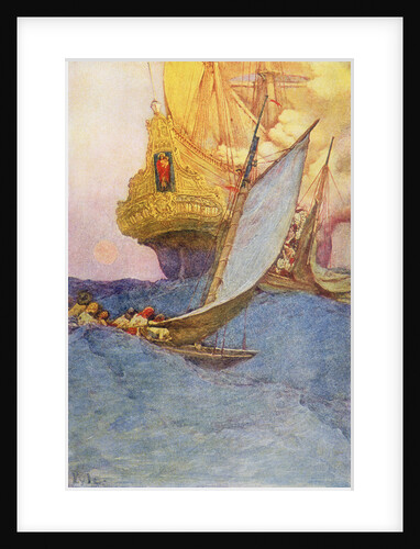 Pirates approach a treasure ship by Howard Pyle
