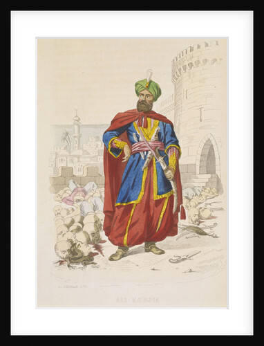 Ali Khoja, ruler of Algiers 1816-1818, resplendent in a green turban and wearing a fine sword, is surrounding by the severed heads of vanquished enemies after the bombardment of 1816 by A. Catel