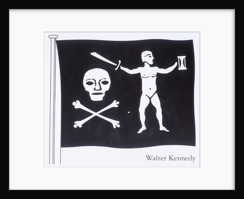 The Jolly Roger of Walter Kennedy (died 19 July 1721), Irish pirate who served under Howell Davis and Bartholomew Roberts, featuring skull and crossbones, sword and sailor on the flag by unknown