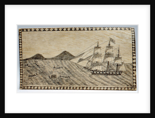 Scrimshaw wall picture, bone panel of whaling scene. by unknown
