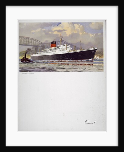 Front cover of Cunard menu featuring RMS 'Saxonia' with a tug alongside by unknown